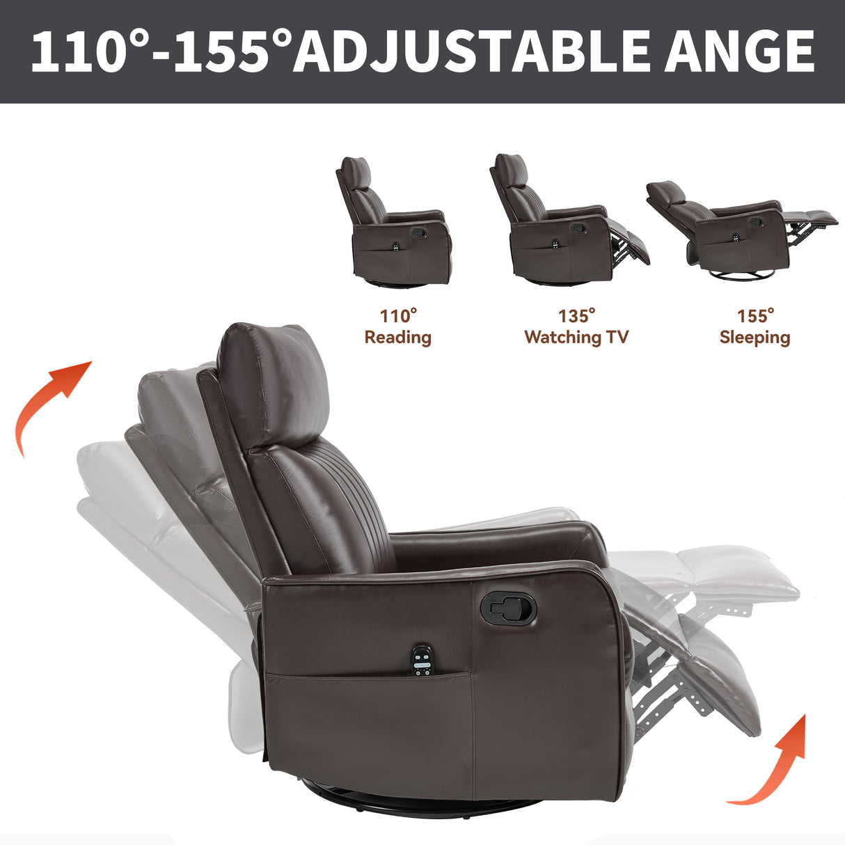 Brown Faux Leather Heat Massage Manual Recliner Chair