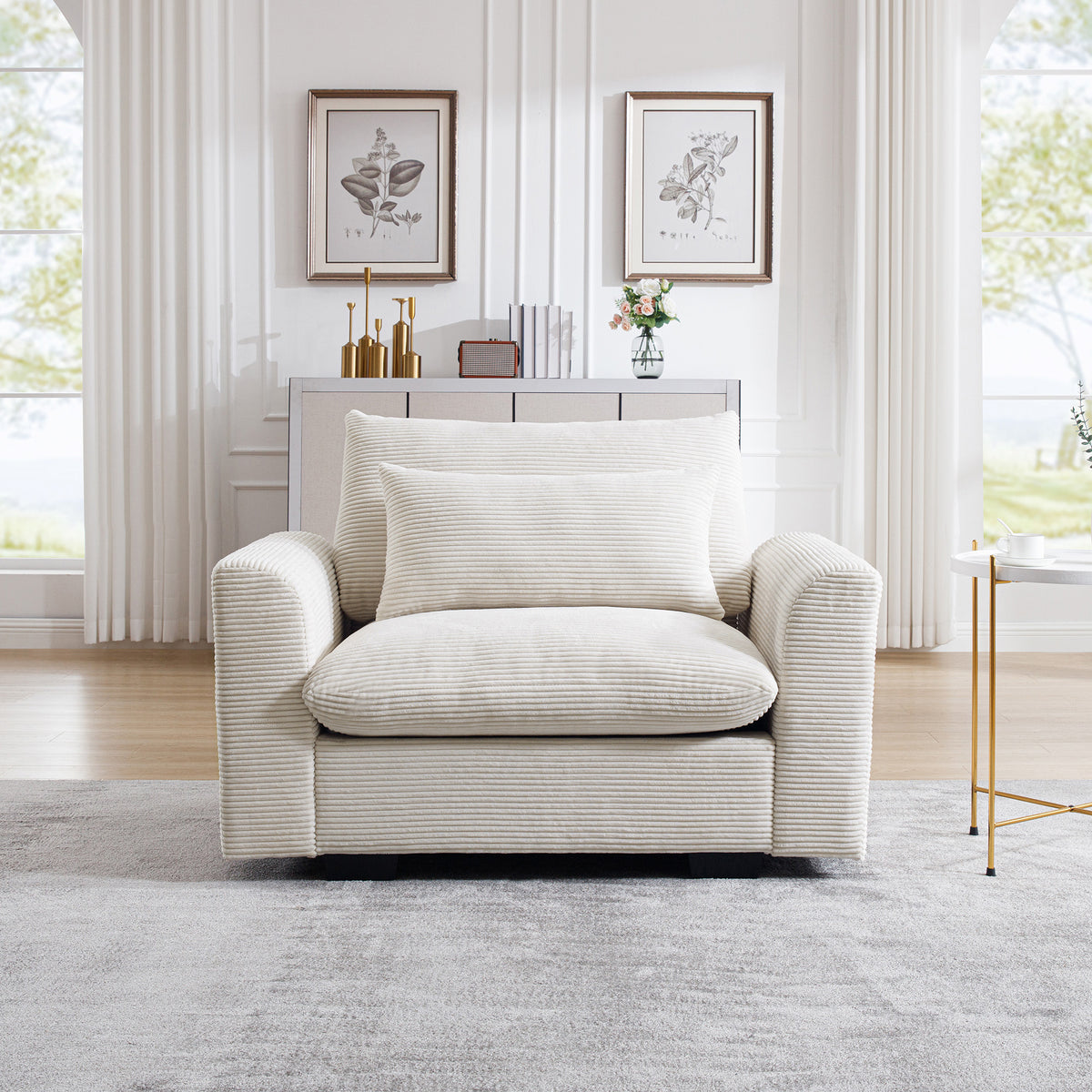 Beige Corduroy Deep Seat Single Sofa Accent Chair
