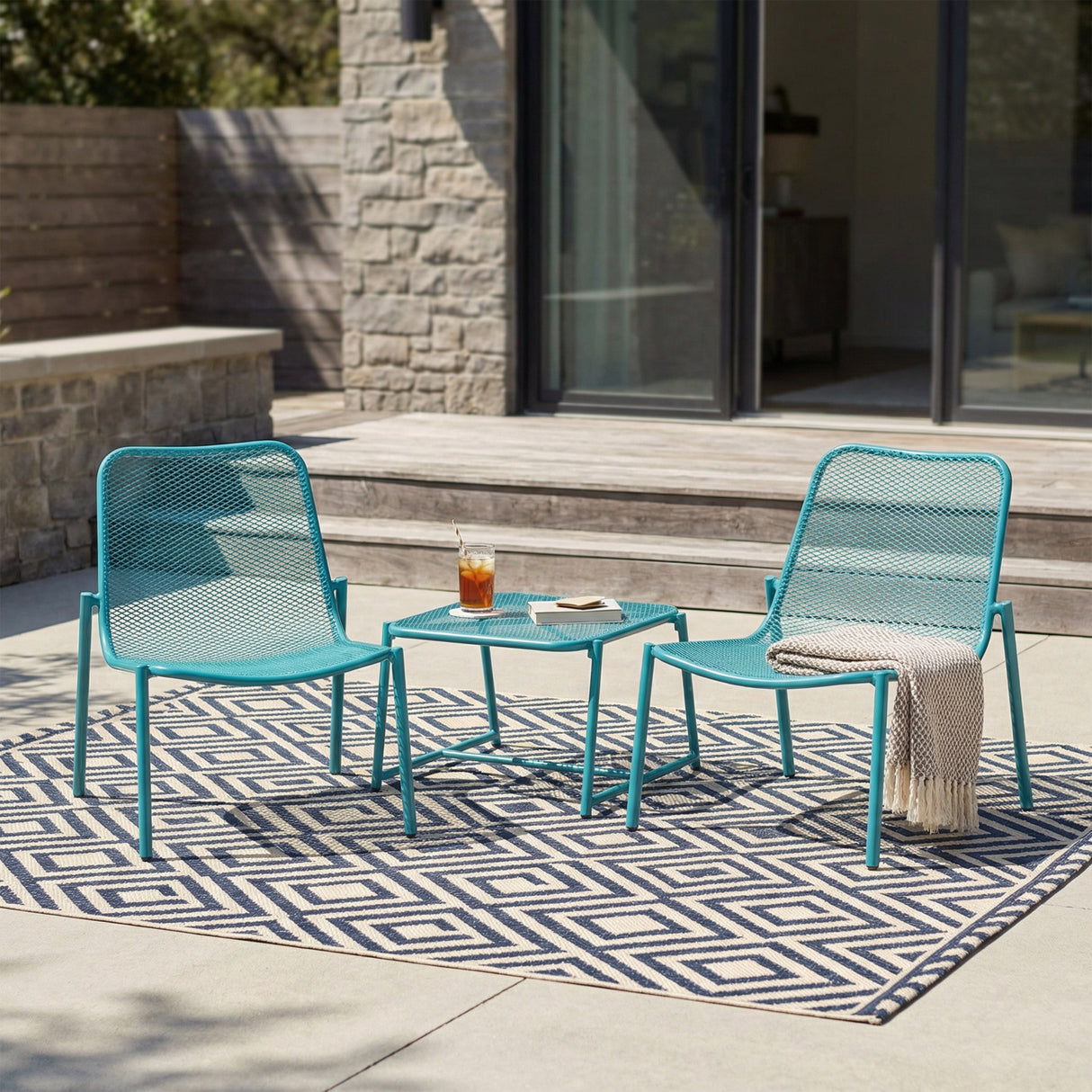 Kincaid Outdoor 3-Piece Conversation Set with Iron Frame - Teal