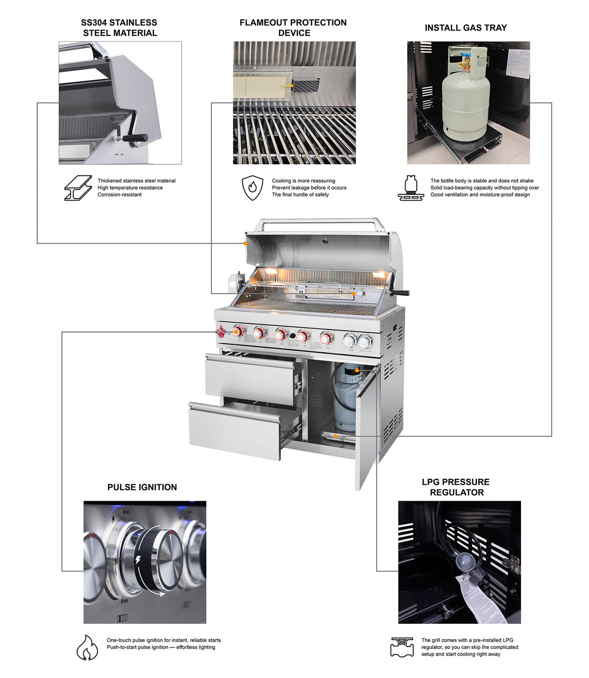Outdoor Kitchen Island 85.2 Inch 4+1 Burner Propane Gas BBQ Grill 71500 BTU 304 Stainless Steel