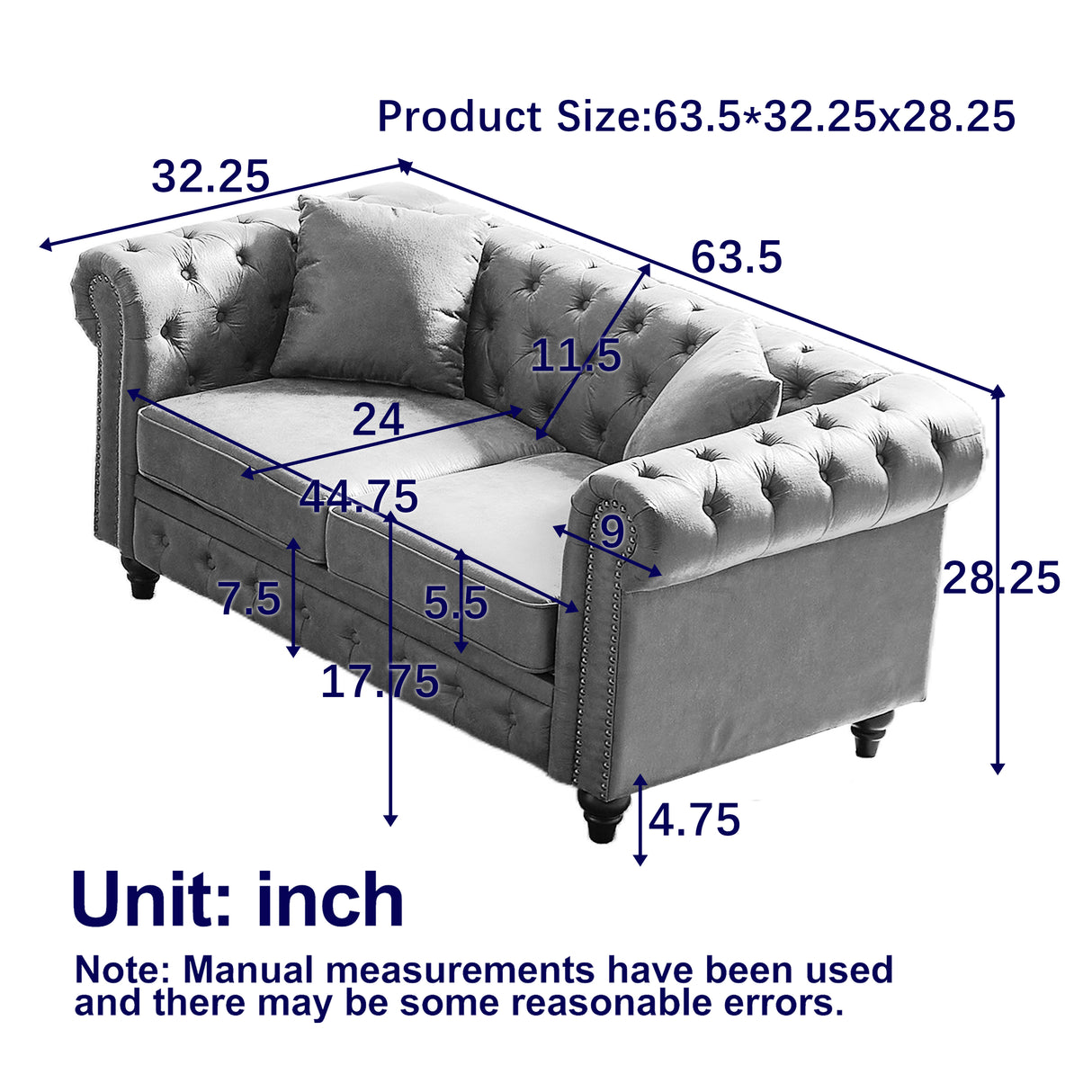 FX 63.5" Contemporary Design Chesterfield Sofa
