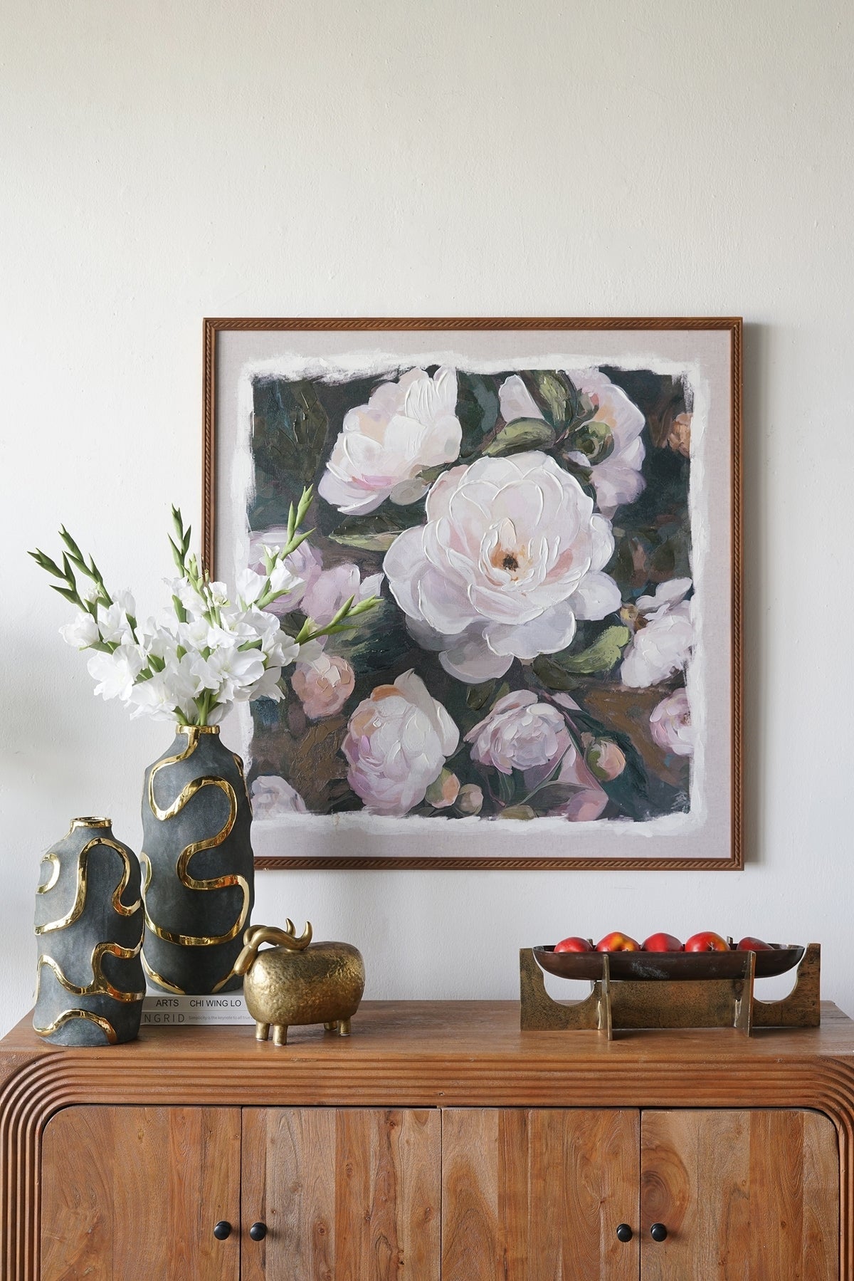 39.4x39.4 Hand-Painted White Rose Canvas Art with Brown Pine Wood Frame