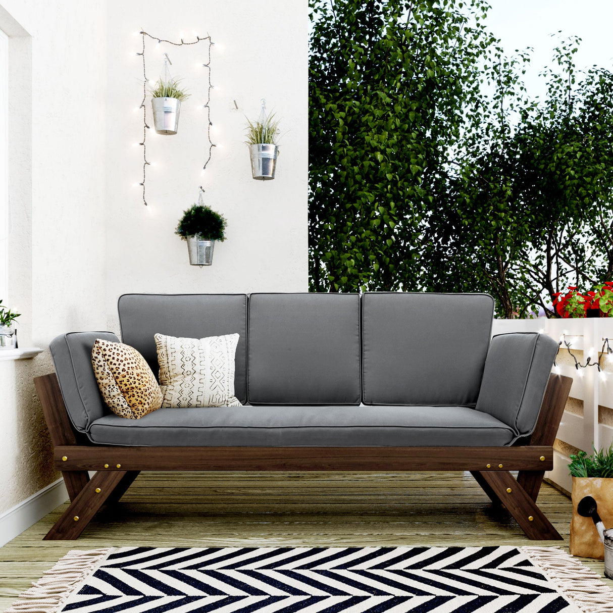 TOPMAX Outdoor Adjustable Patio Wooden Daybed Sofa Chaise Lounge with Cushions