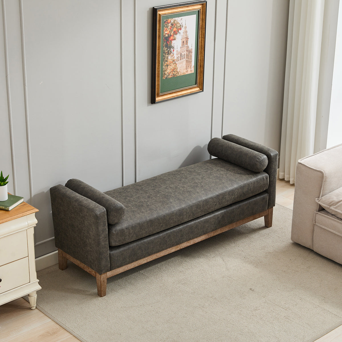 65.5"W Upholstered End of Bed Bench with Weathered Finish