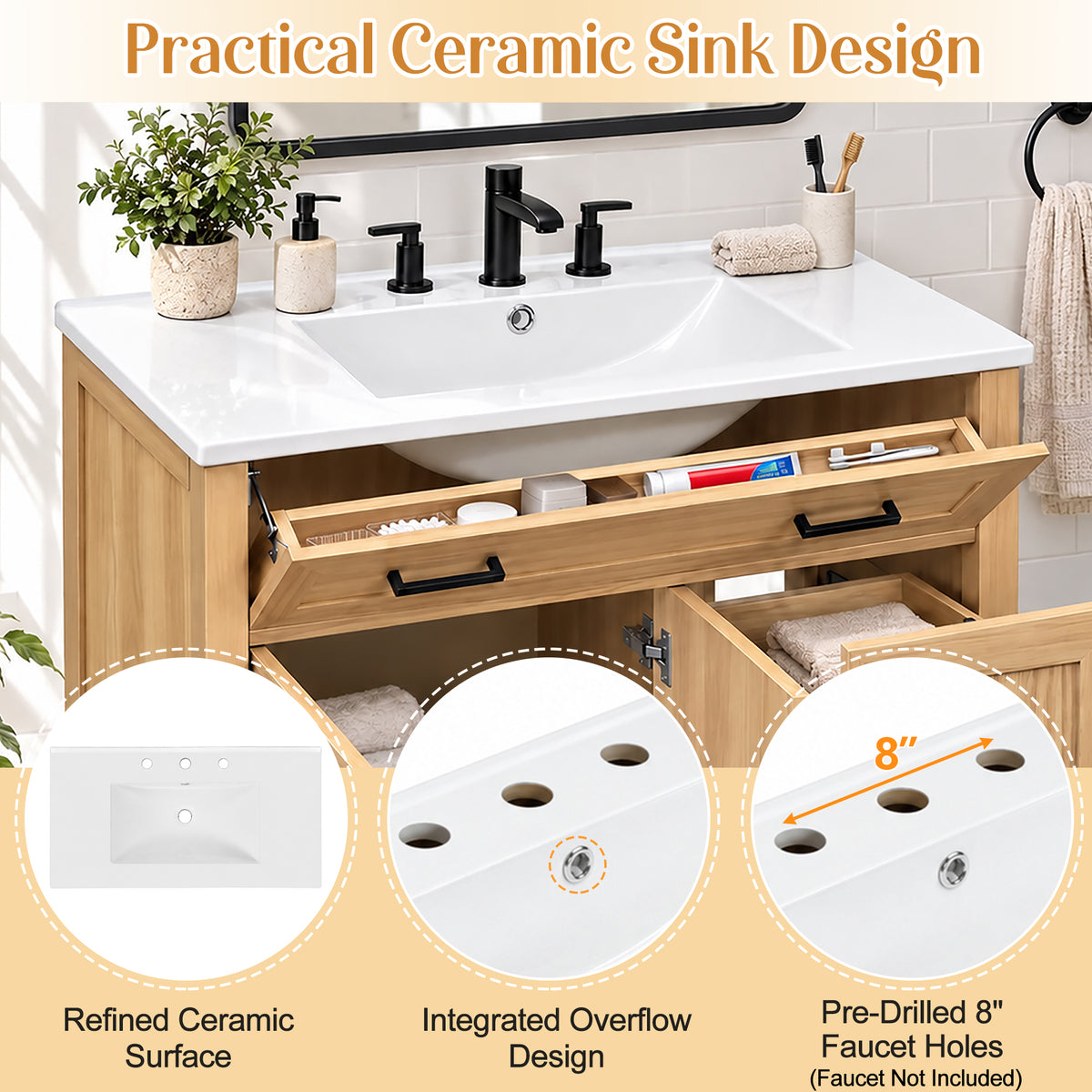 36-Inch Bathroom Vanity with Ceramic Sink, Soft-Close Doors and Drawers