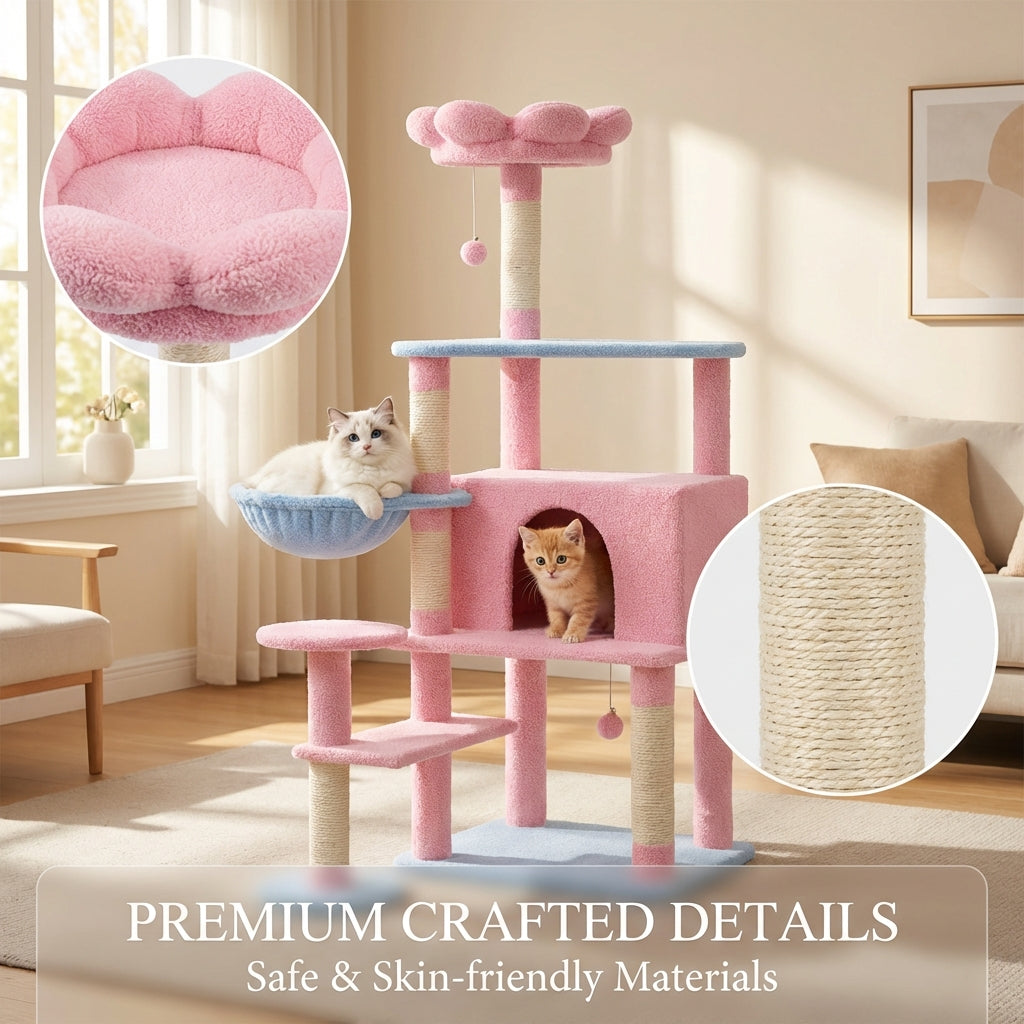 Flower Cat Tree with Large Condo, Removable Cushion and Hammock, 56-Inch, Pink