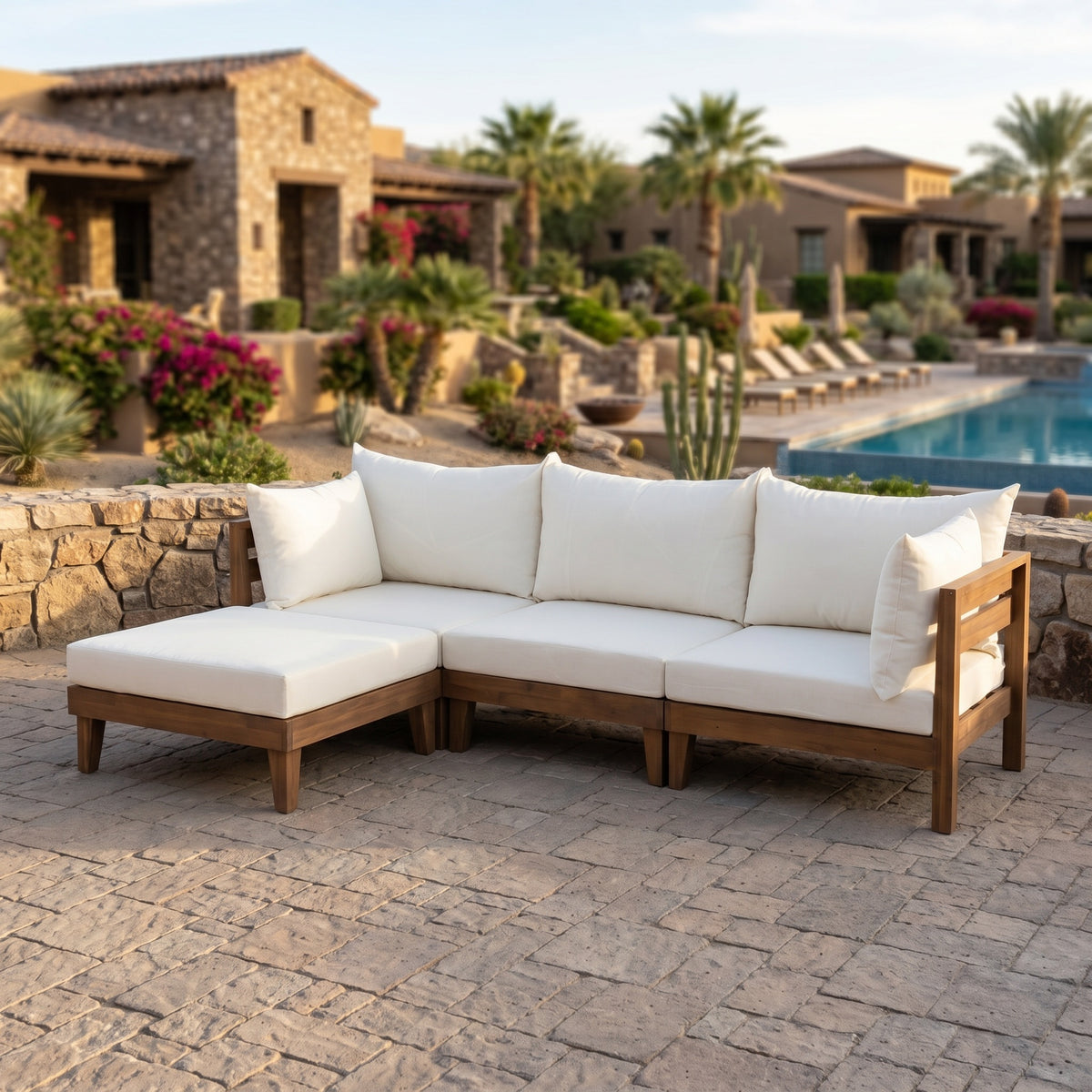 TOPMAX Outdoor Large Daybed Acacia Wood 6-Piece Patio Sofa Set