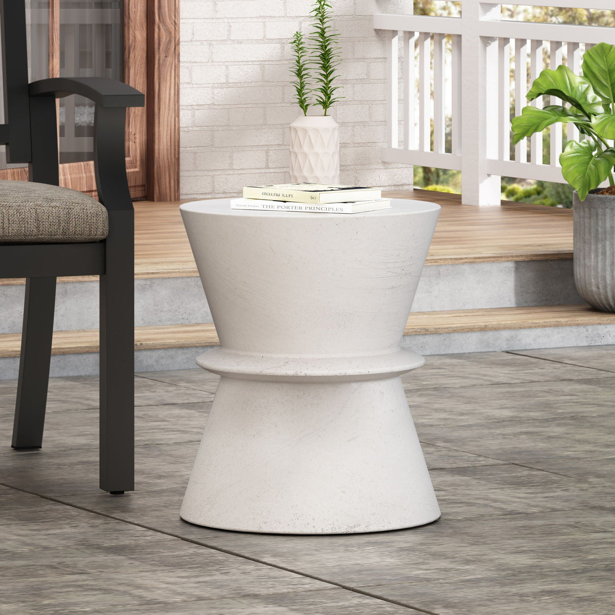 Outdoor Lightweight Concrete End Table With Hourglass Structure - Antique White - Best Buy Furniture
