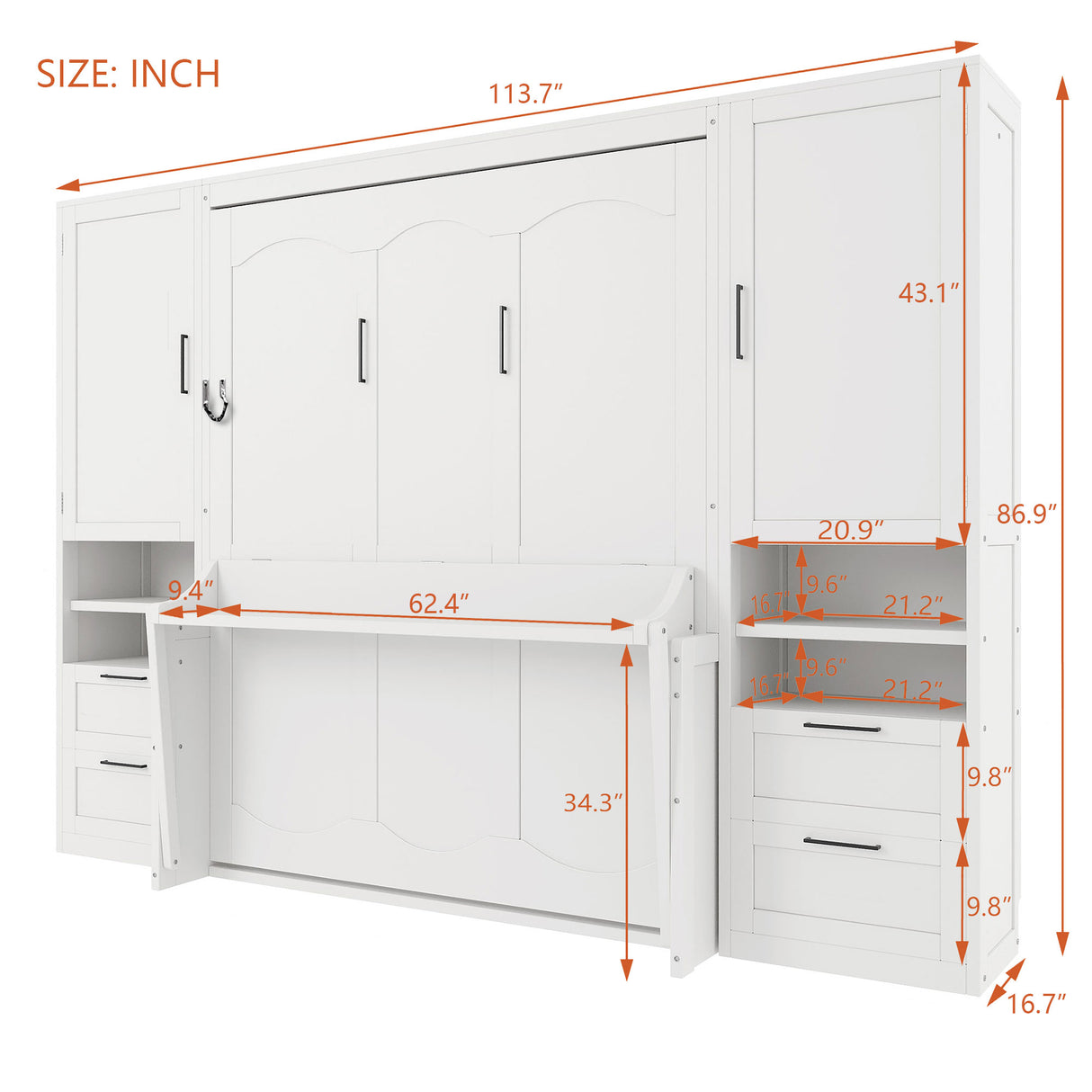 Queen Size Murphy Bed Wall Bed with Closet, Drawers and Shelves, White