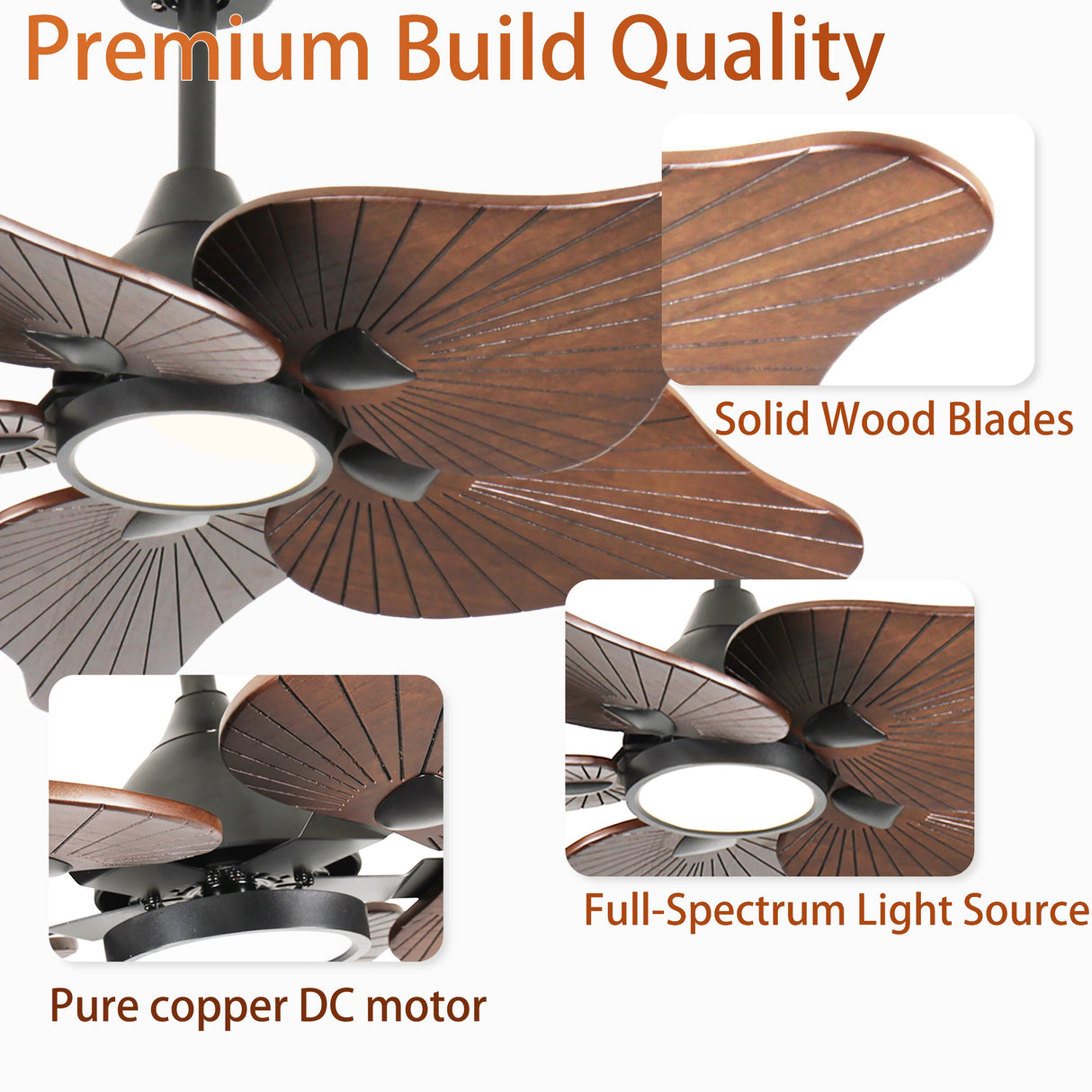 44-Inch Ceiling Fan with Light, 5 Solid Wood Blades, DC Motor