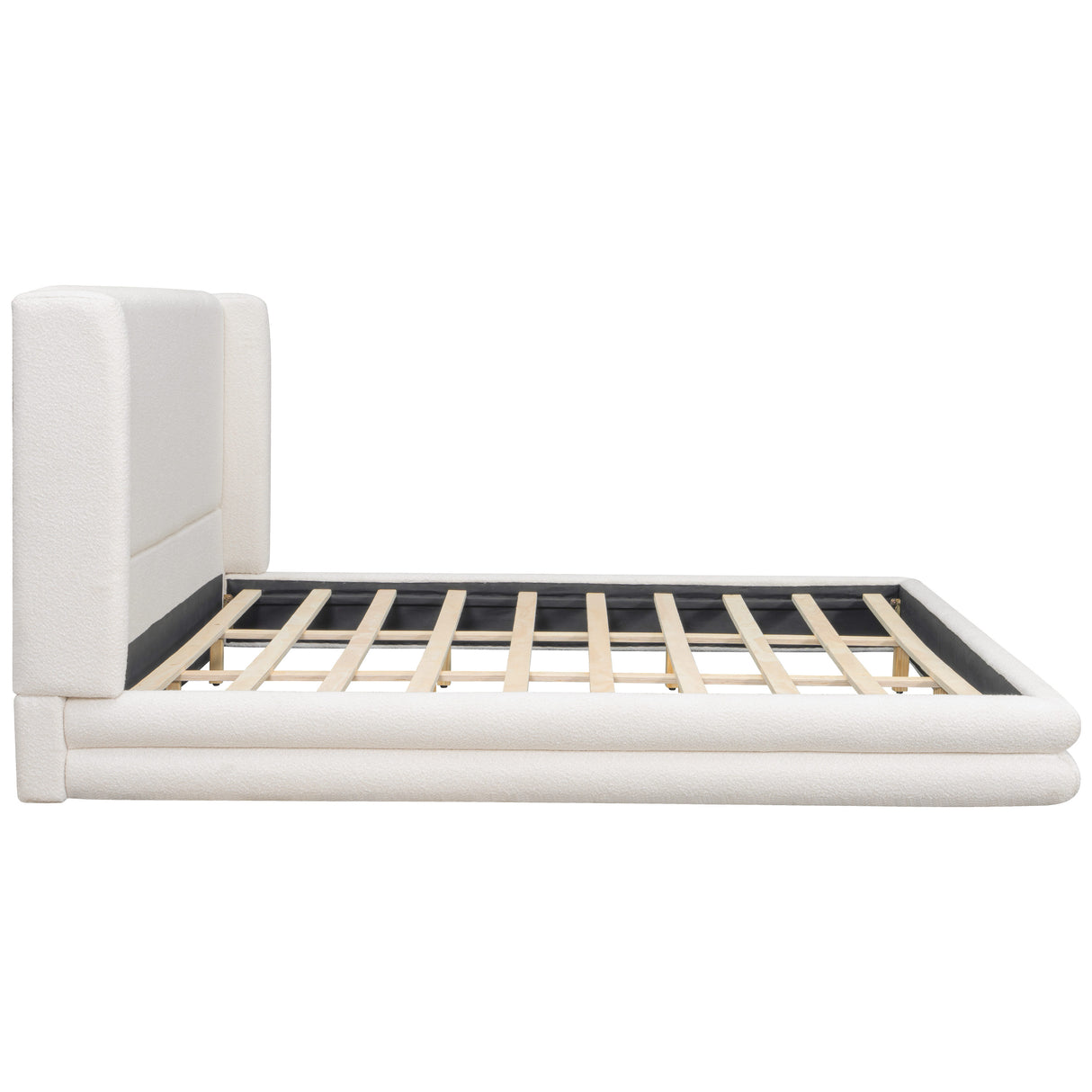King Size Upholstered Bed Frame With Boucle Thick Wingback Headboard