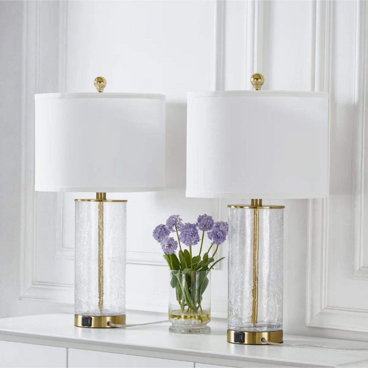 Modern Glam Glass and Metal Table Lamp Set, 23.25-Inch, Gold, USB Charging