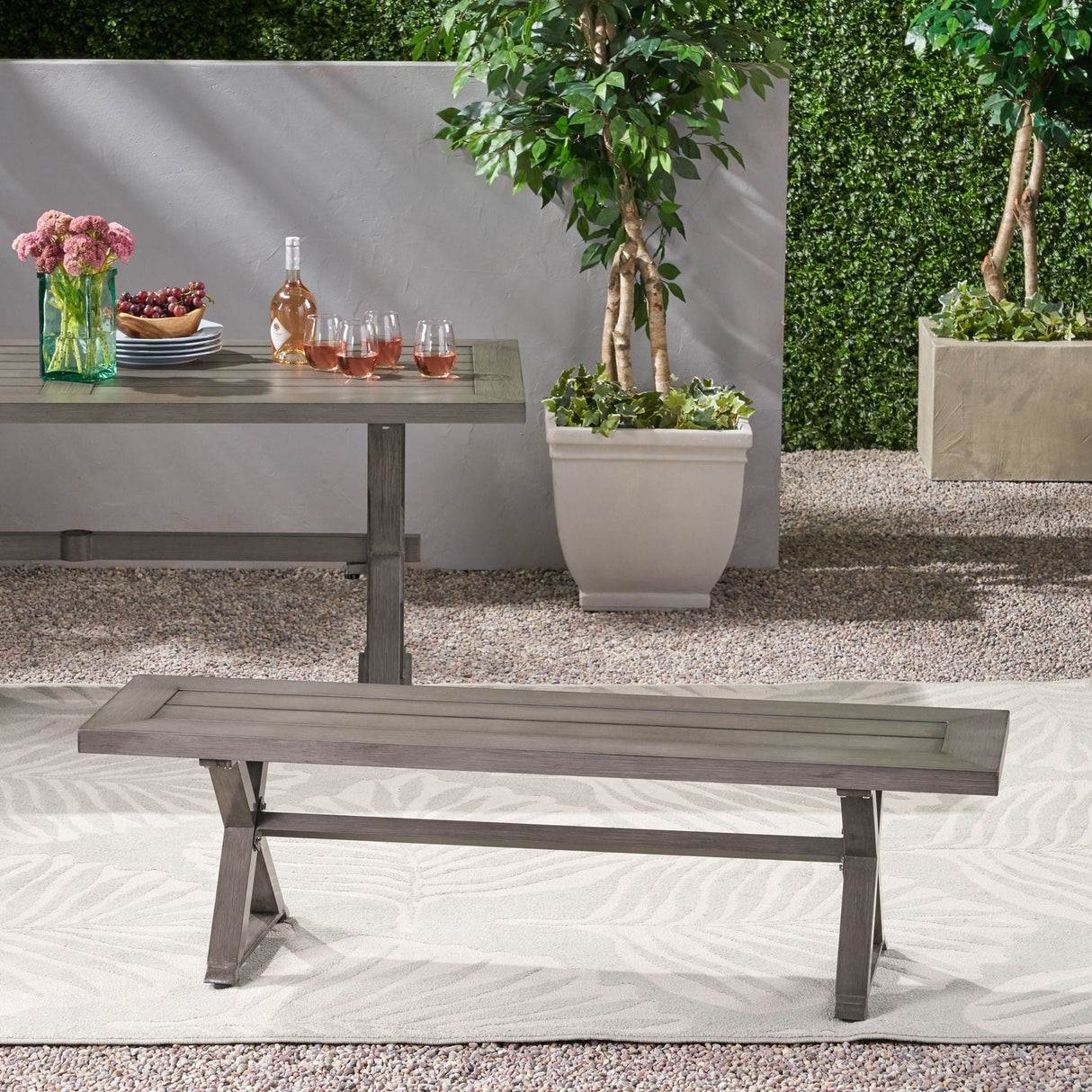 Modern Aluminum Outdoor Dining Bench With X Base - Dark Gray - Best Buy Furniture
