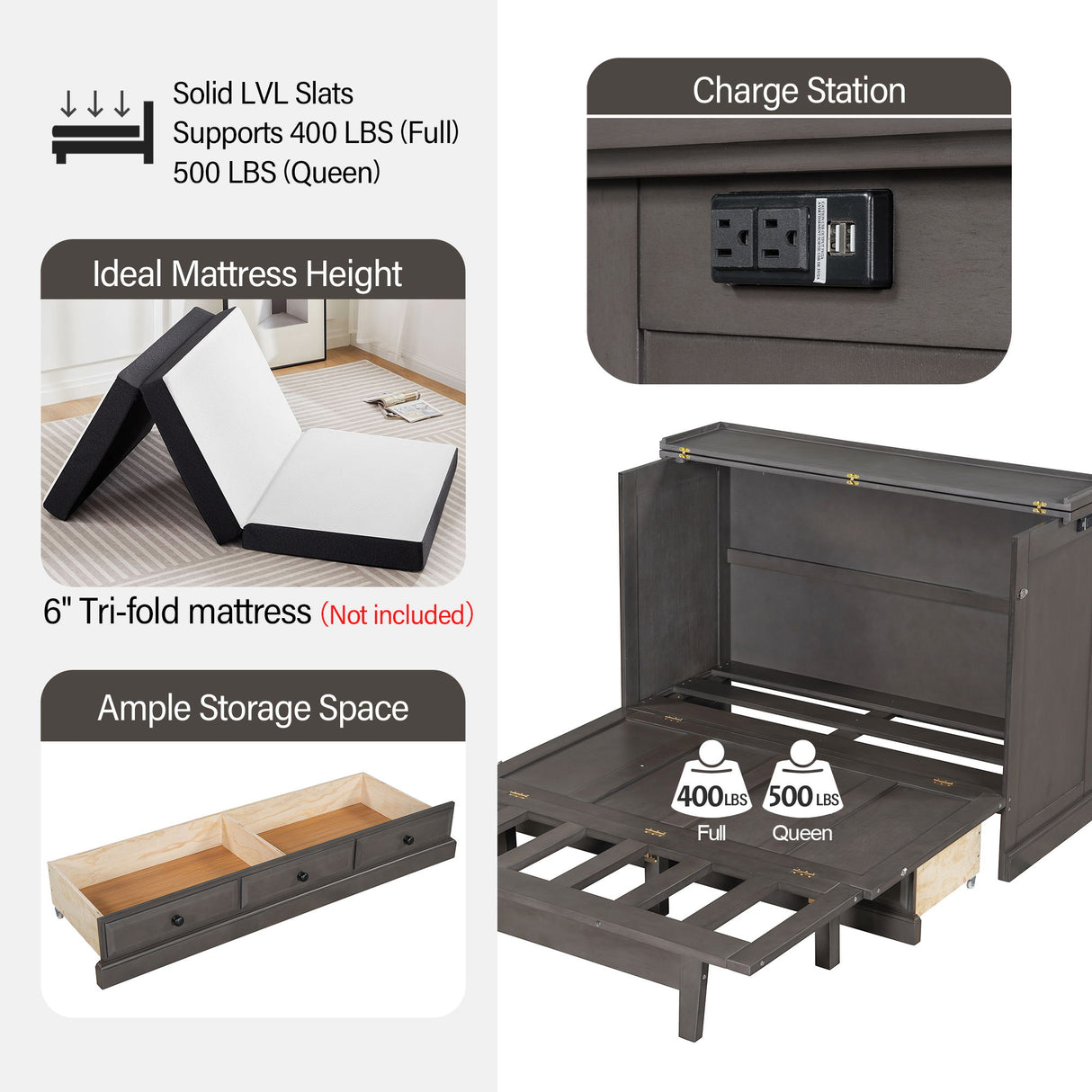 Murphy Bed Chest Cube Cabinet With Charging Station And Large Storage Drawer