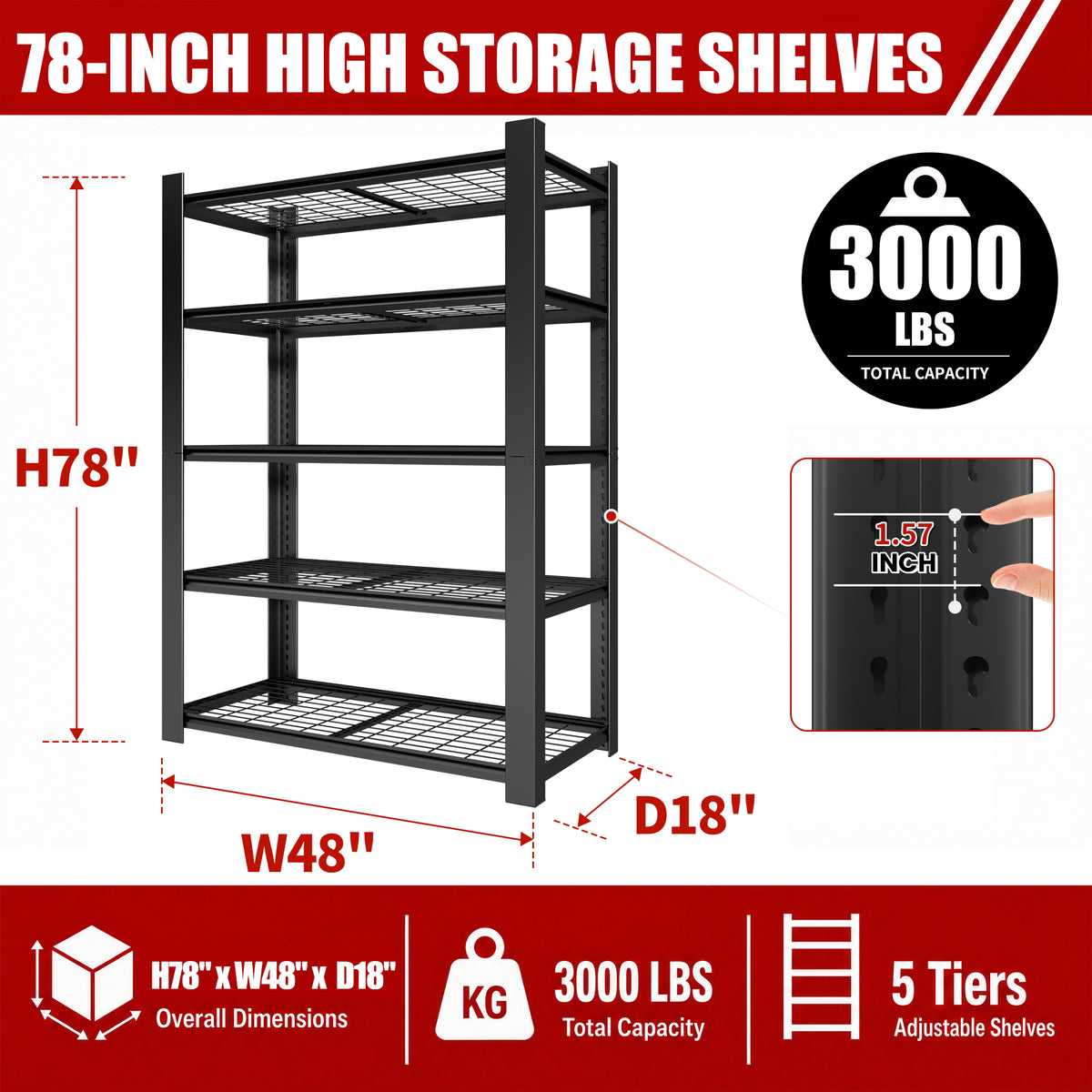 78"H 5-Tier Adjustable Heavy Duty Metal Mesh Storage Rack