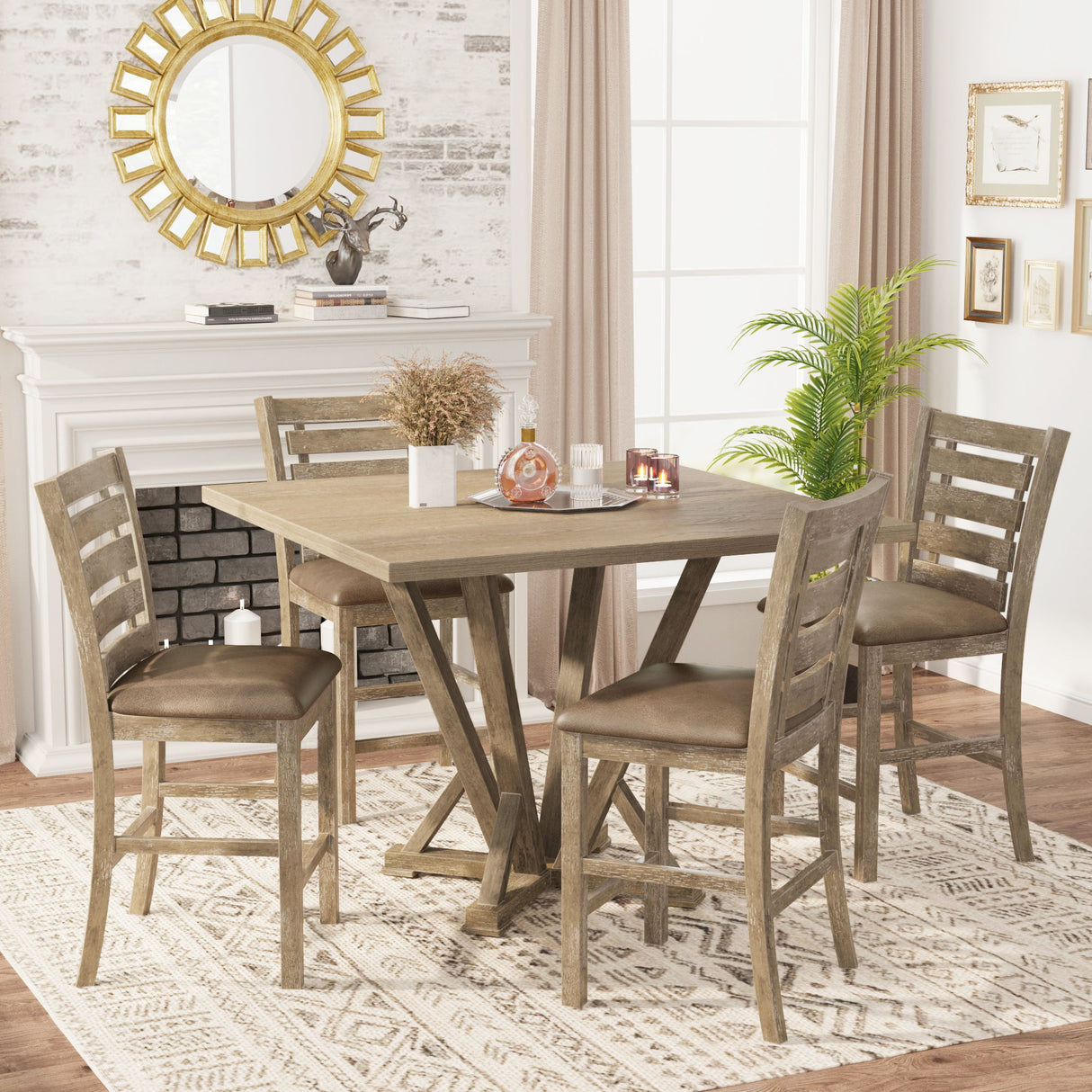 5 Pieces Set Counter Table Set Square Counter Table Solid Wood Modern Farmhouse Rustic Look Distressed Look - Grayish Brown