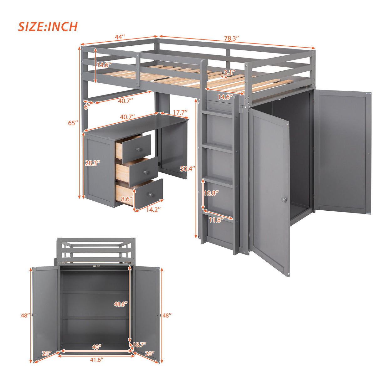 Loft Bed With Drawers, Desk, And Wardrobe