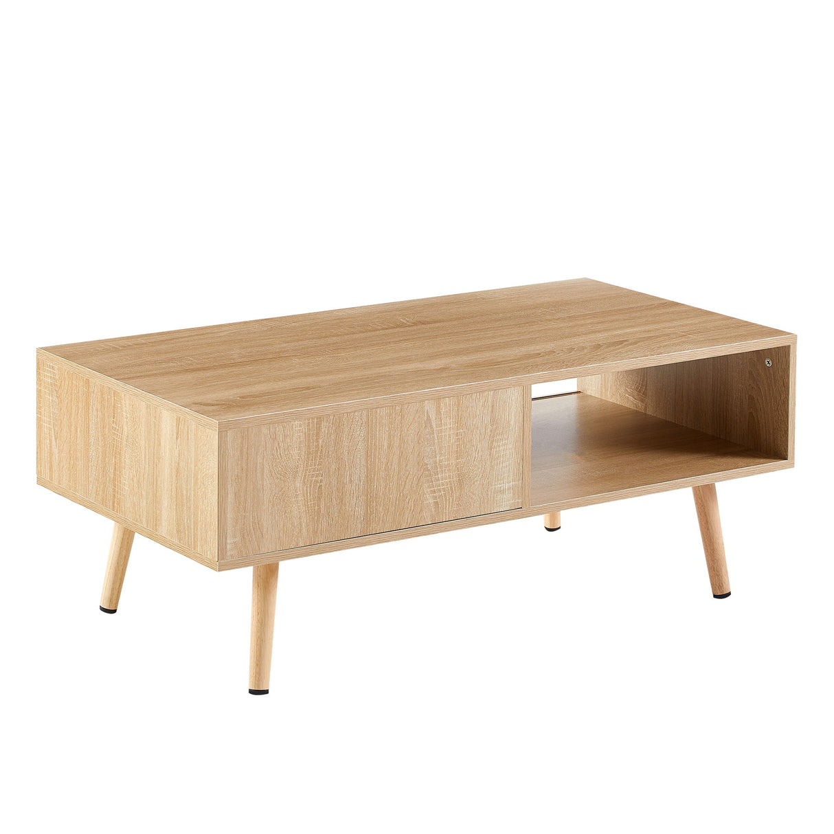41.34" Rattan Coffee Table, Sliding Door For Storage, Solid Wood Legs, Modern Table For Living Room
