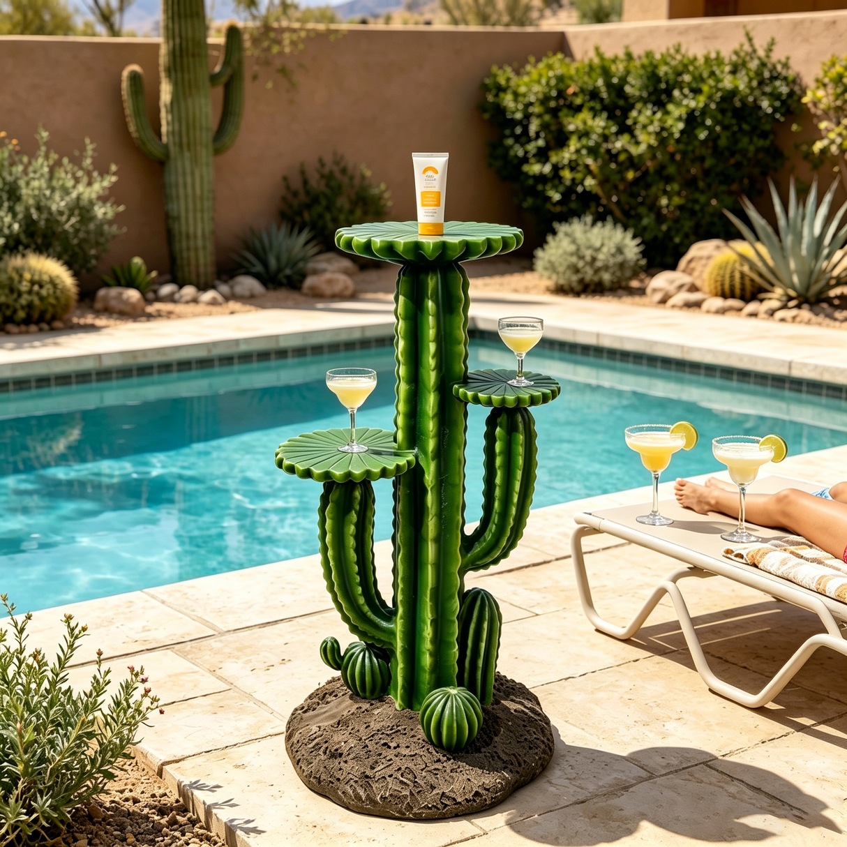 32'' Resin Saguaro Cactus Plant Stand with 3 Display Shelves, Large Multi-Tier Cactus Sculpture Flower Pot Holder, Weatherproof Outdoor Garden Decor for Patio Yard Lawn Succulent Display Rack Ornament
