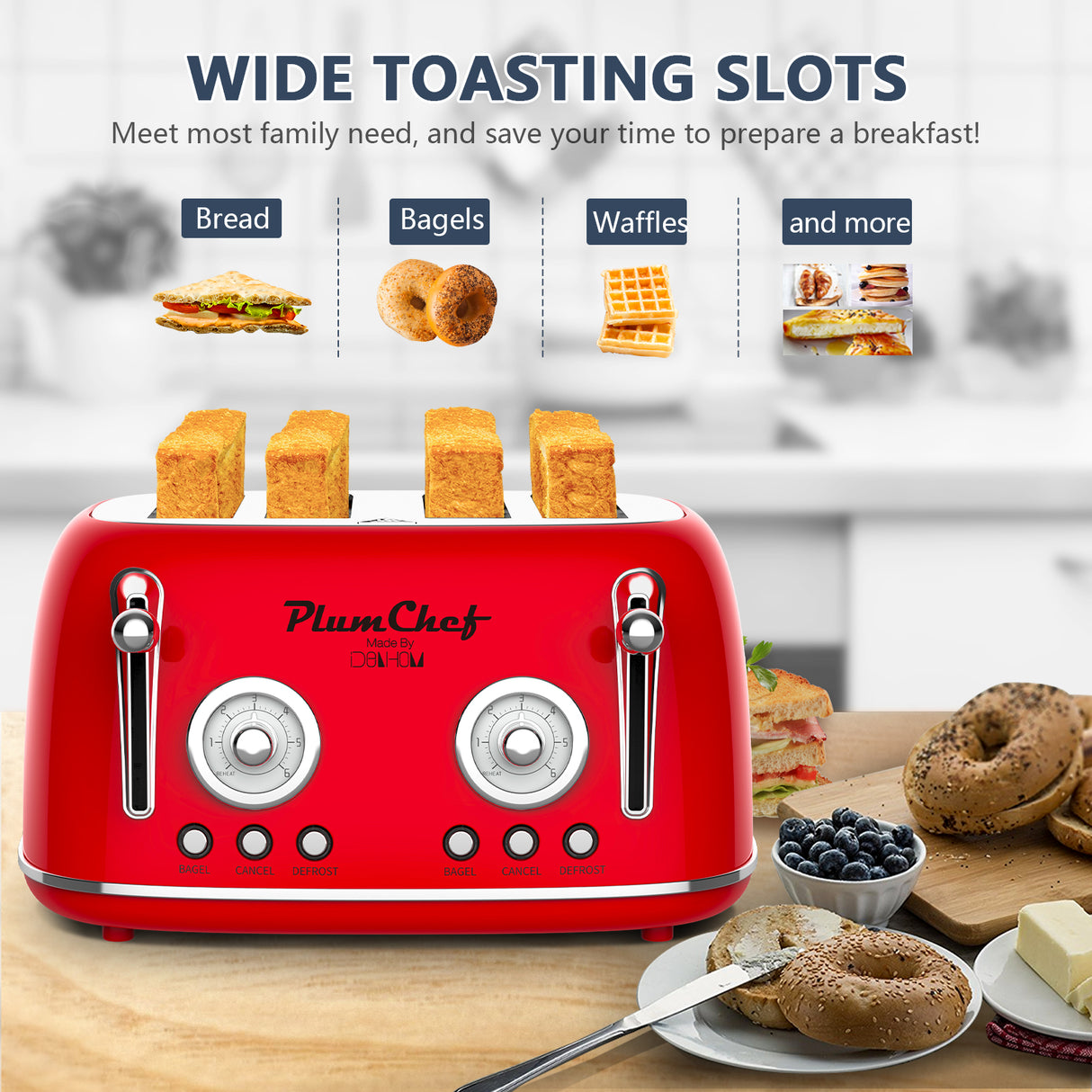 4 Slice Retro Style Toaster, Dual Control, 6 Browning Settings