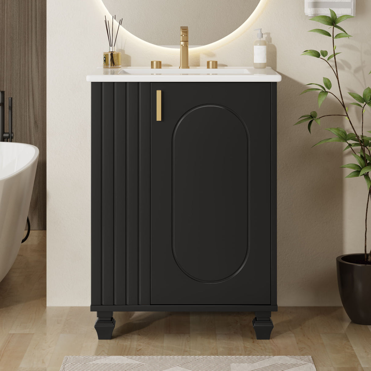 Classic Retro Bathroom Vanity With Sink, Door Shelf, Side Open Storage Frame