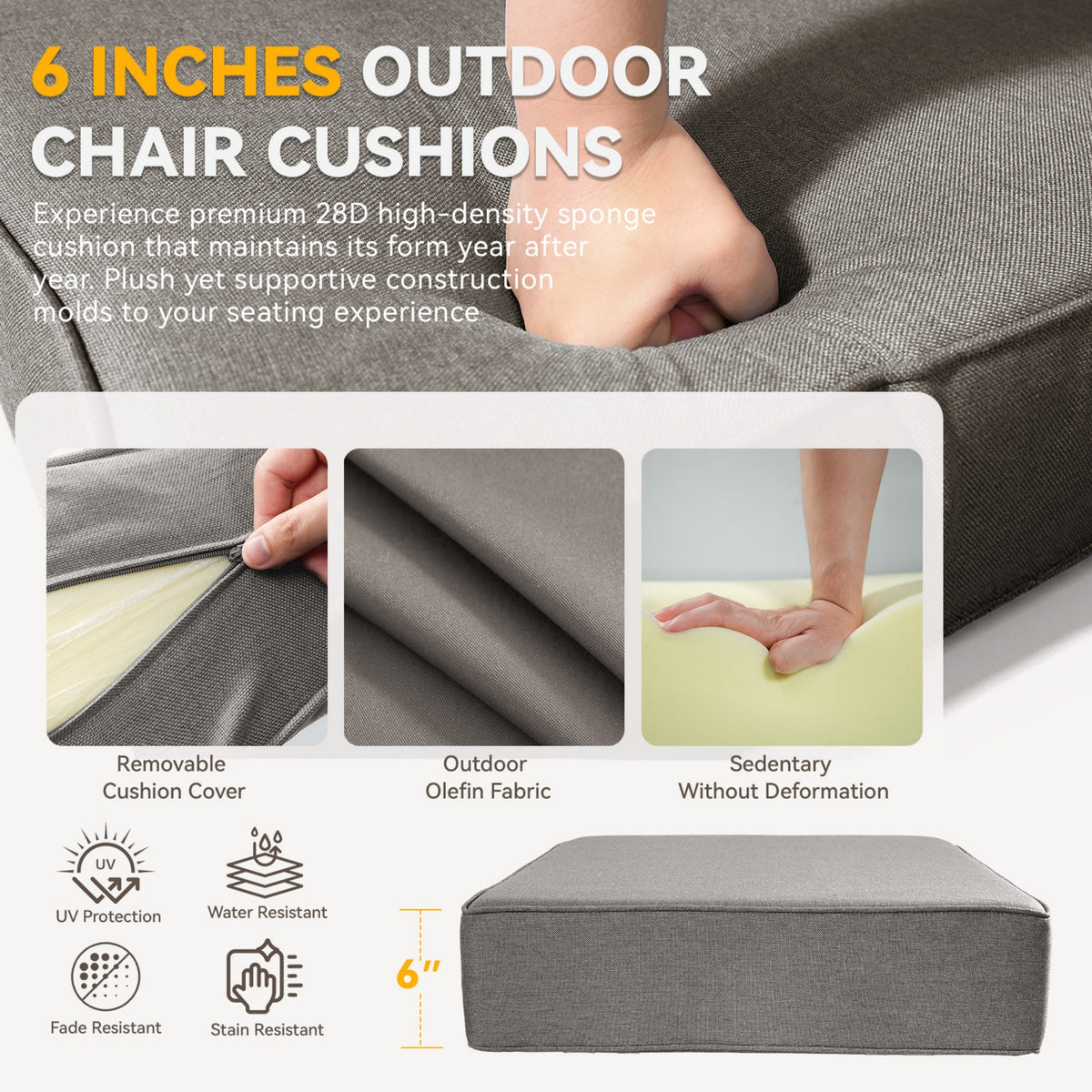 6 Inch Thick Outdoor Chair Cushion Set - Gray