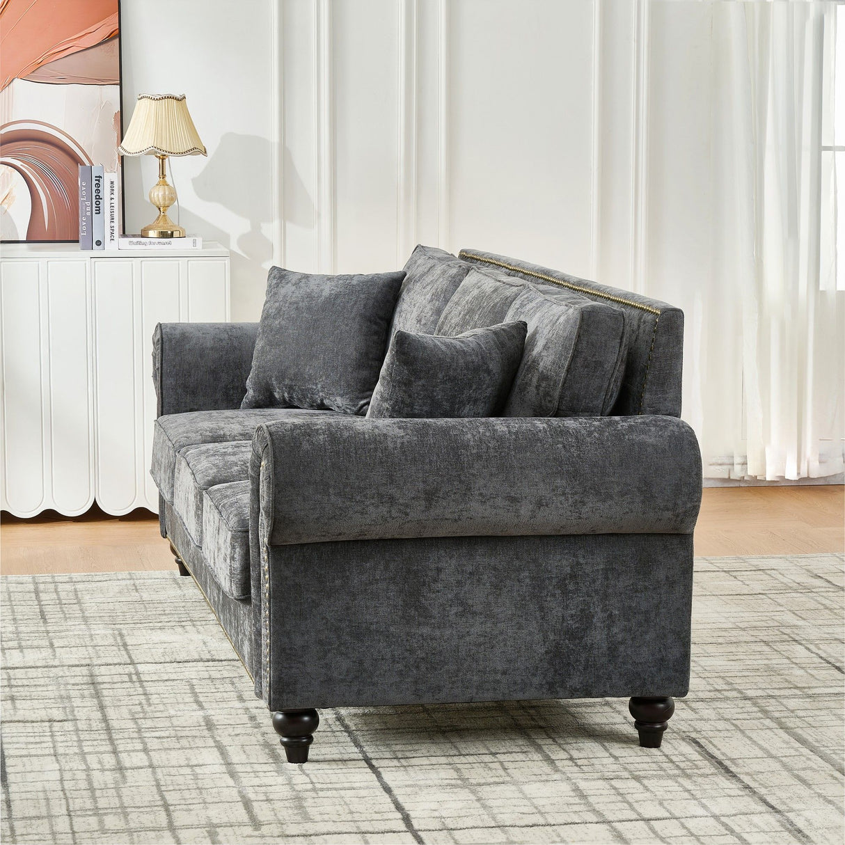 3 Seater Sofa With Tufted Upholstery, Rolled Arms, Nailhead Trim