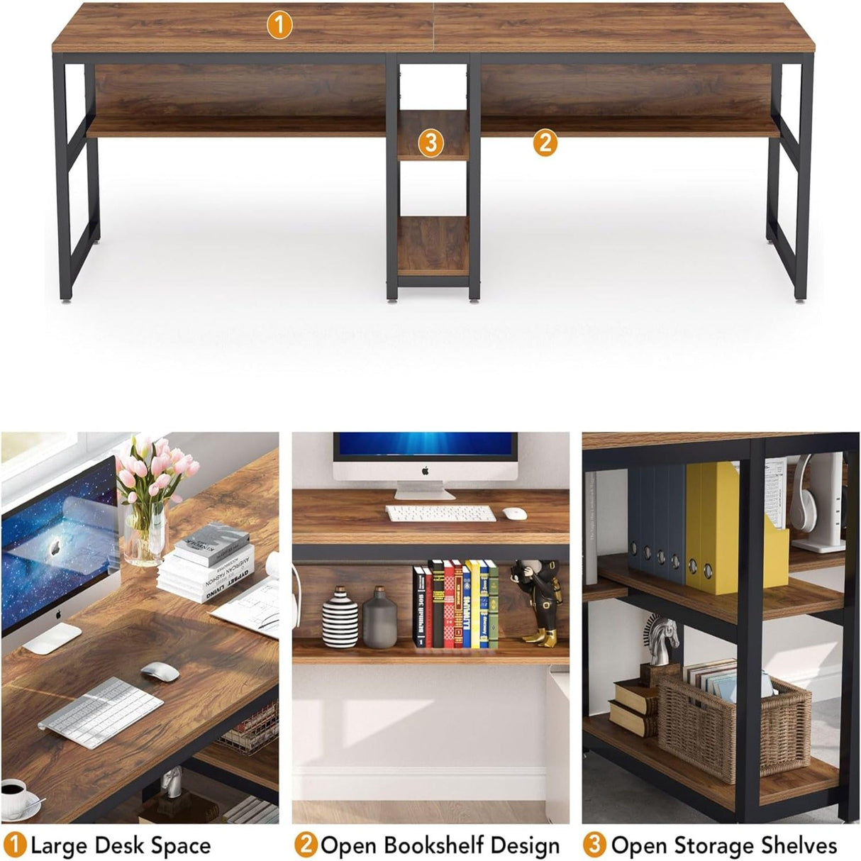Double Desk For 2 With Bookshelves, 2 Person Workstation With Storage - Brown / Black