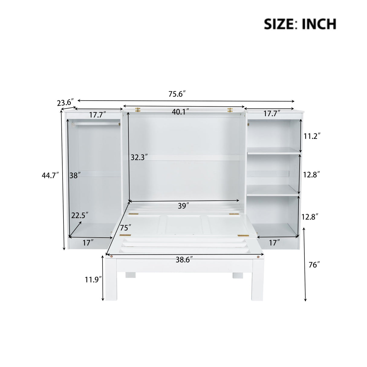 Twin Size Murphy Bed With Bedside Shelves And Wardrobe - White