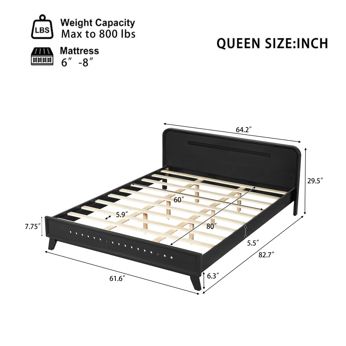 Pine Solid Wood Queen Size Bed, Solid and Stable, No Box Spring Needed