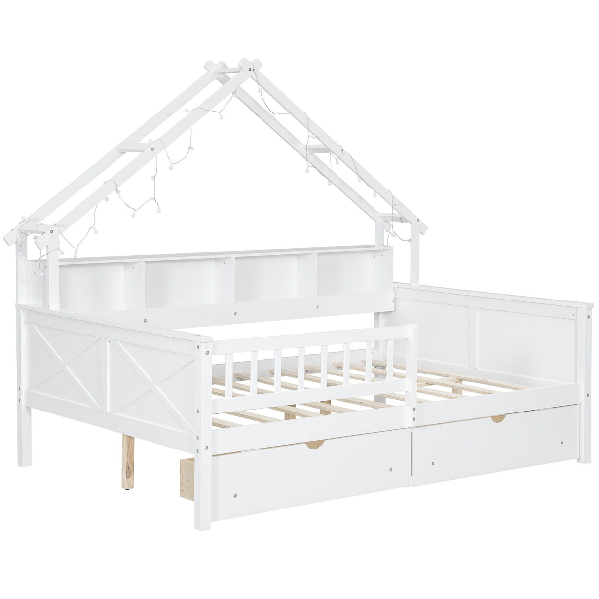 House Style Platform Bed With LED Lights, Storage Shelves, Drawers, And Guardrail