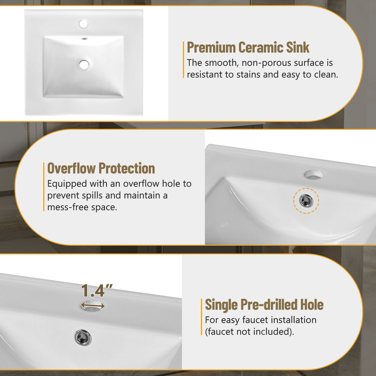 Elegant Bathroom Vanity With Ceramic Sink, Soft Close Door, Adjustable Shelf