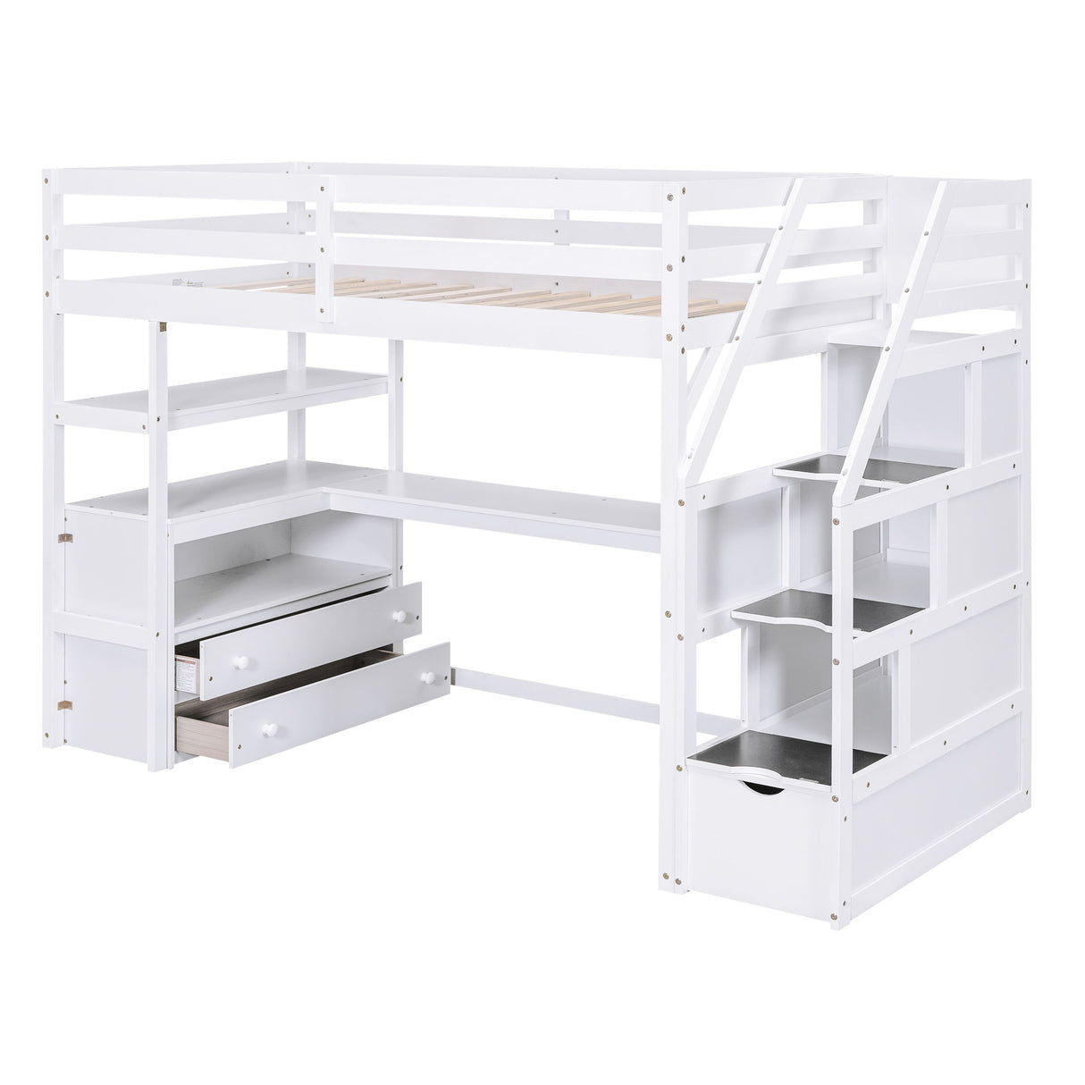 Loft Bed With Desk, Shelves, 2 Drawers, Storage Staircase