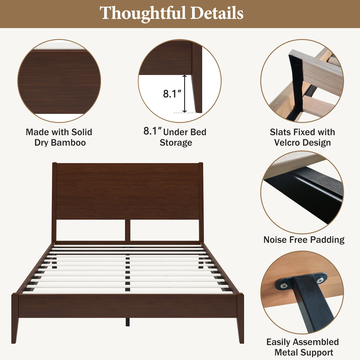 Mid-Century Modern Solid Bamboo Wood King Size Platform Bed