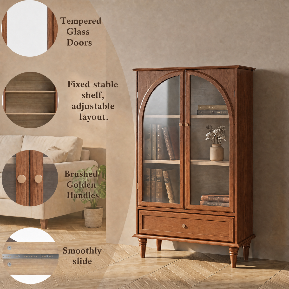 Vintage Farmhouse Arched Glass Accent Cabinet