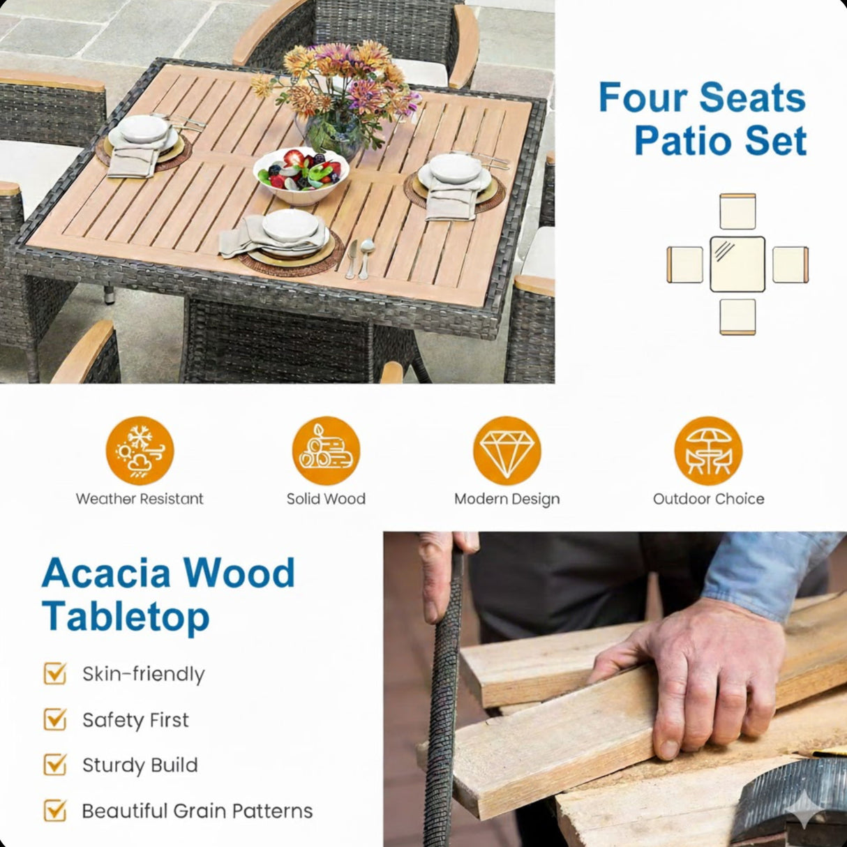 All-Weather Square Rattan Patio Dining Table