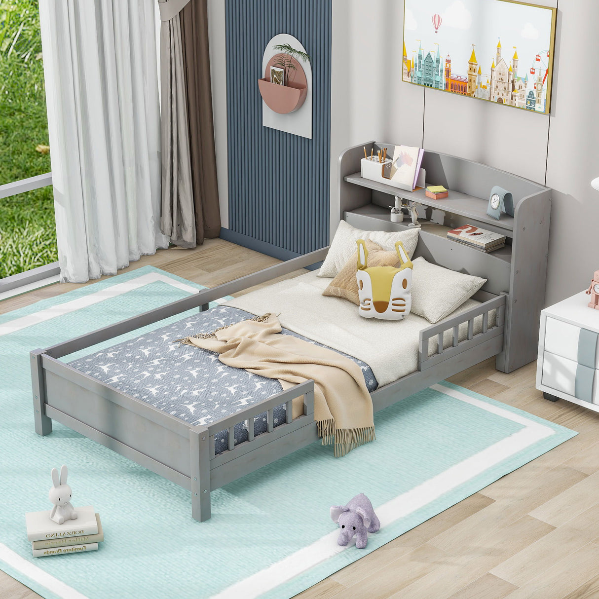 Wood Platform Bed With Built In LED Light, Storage Headboard And Guardrail