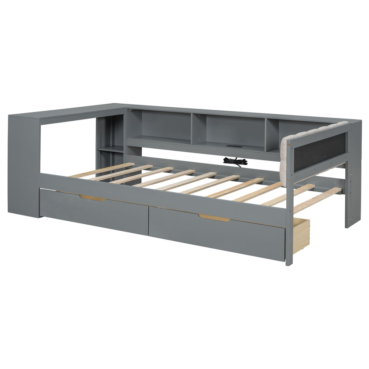 Upholstered Headboard Platform Bed With Storage Shelves, Drawers, Charging Station