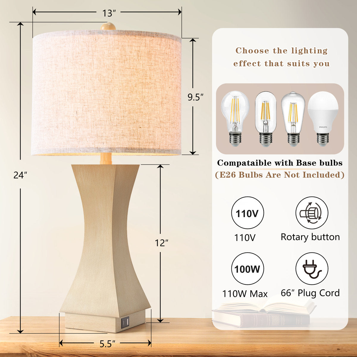 Modern Dimmable Resin Table Lamp with USB Port, 24.5-Inch, Beige, Set of 2
