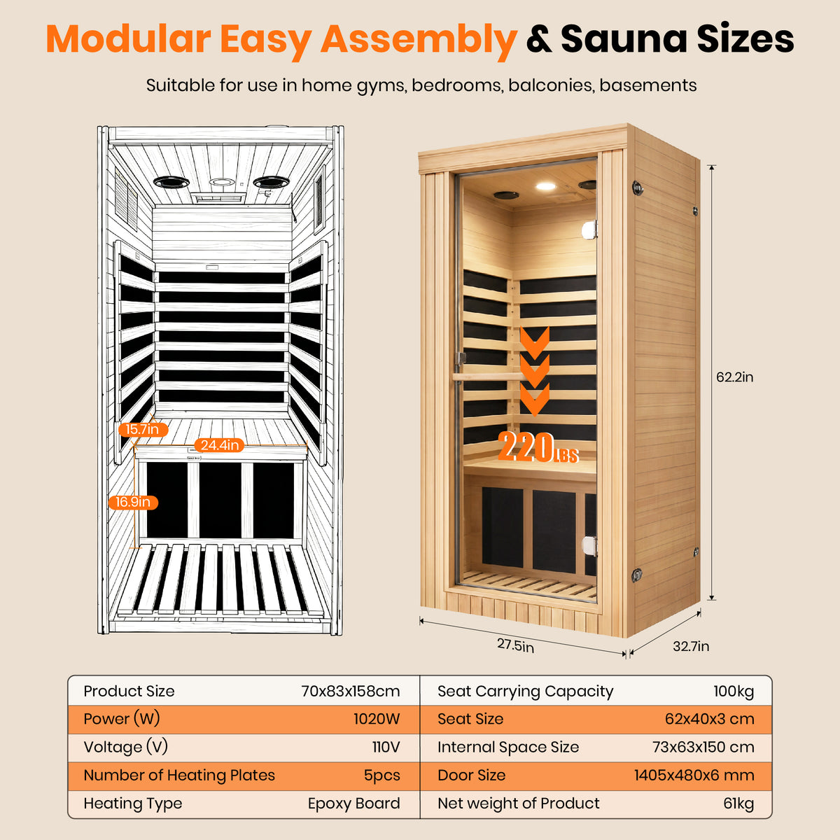 1020W Canadian Hemlock Single Mini Far Infrared Sauna Room