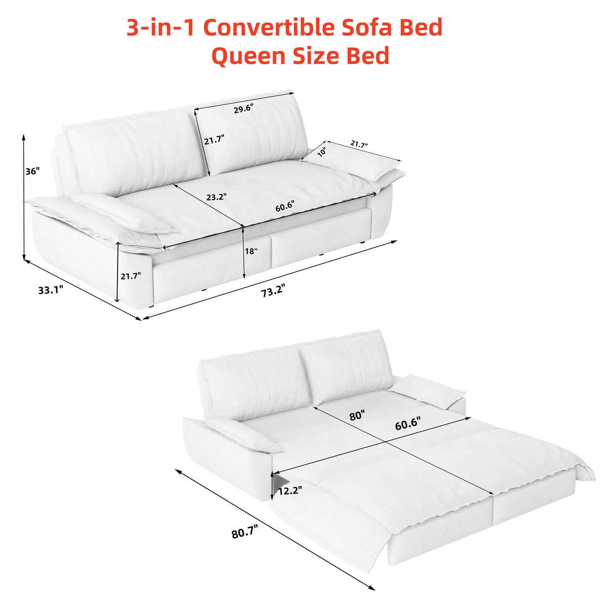 3-in-1 Convertible Velvet Sofa Bed with Queen Pull Out Sleeper - Beige/White