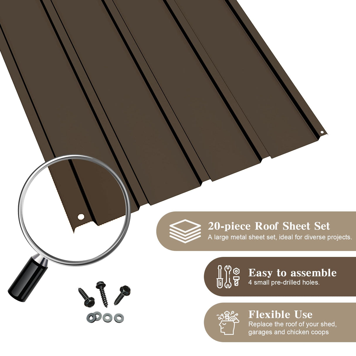 20 Pcs Metal Roofing Panels, Galvanized Steel, Waterproof, Heavy Duty