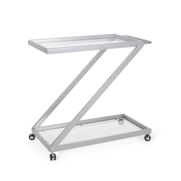Modern Z Shaped Bar Cart With Tempered Glass Shelves - Silver - Best Buy Furniture
