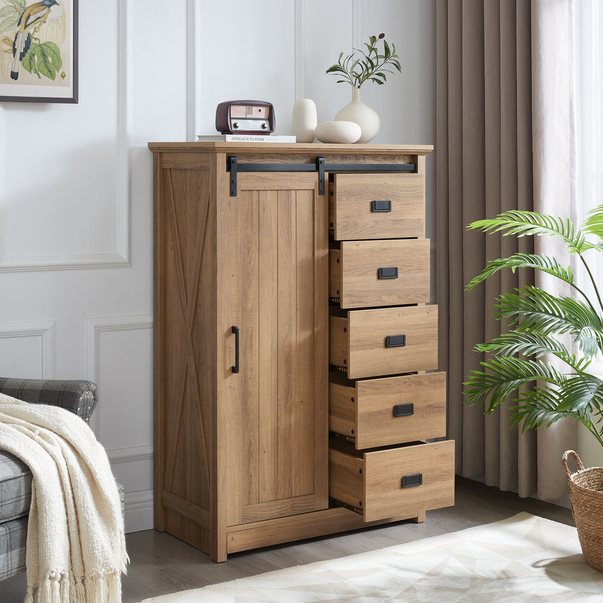 5 Drawers Dresser with Sliding Barn Door
