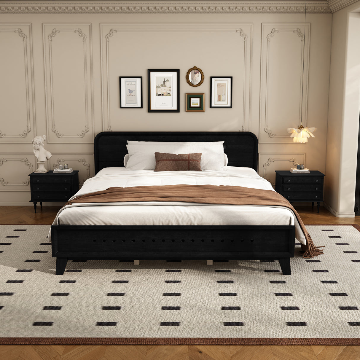 Pine Solid Wood Queen Size Bed, Solid and Stable, No Box Spring Needed