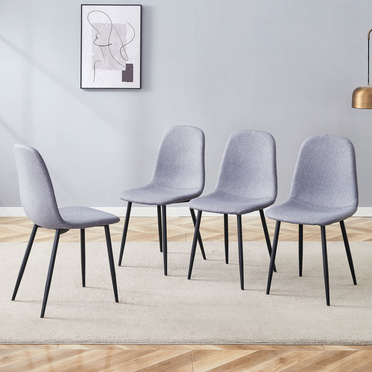 Luxury Simple Chair Linen Cotton High Resilience Dining Chair With Black Metal Legs (Set of 4) - Light Gray