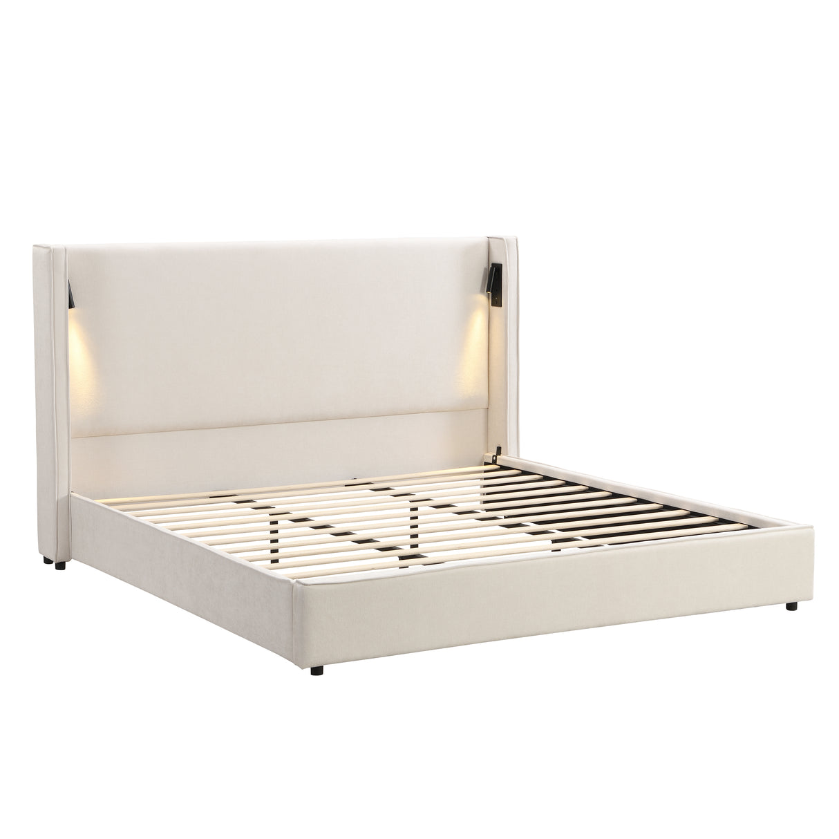 California King Size Upholstered Bed Frame with High Wingback Headboard, Reading Lamp and USB Port