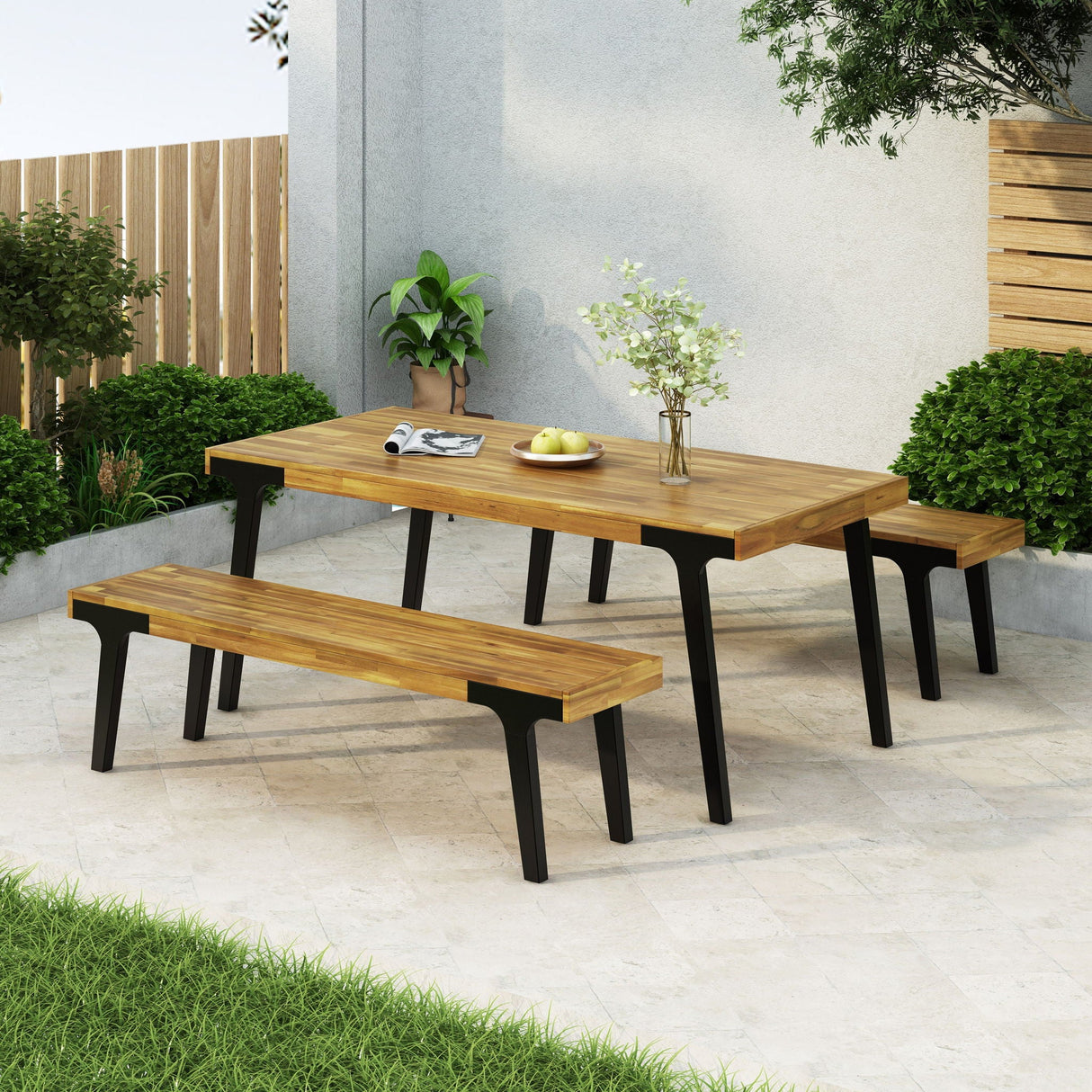1 Dining Table & 2 Dining Benches - Light Teak