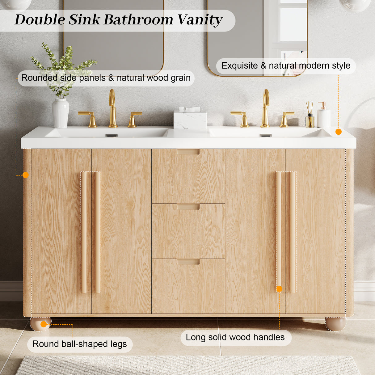 58.3" Bathroom Vanity Cabinet With 3 Drawers & 4 Doors