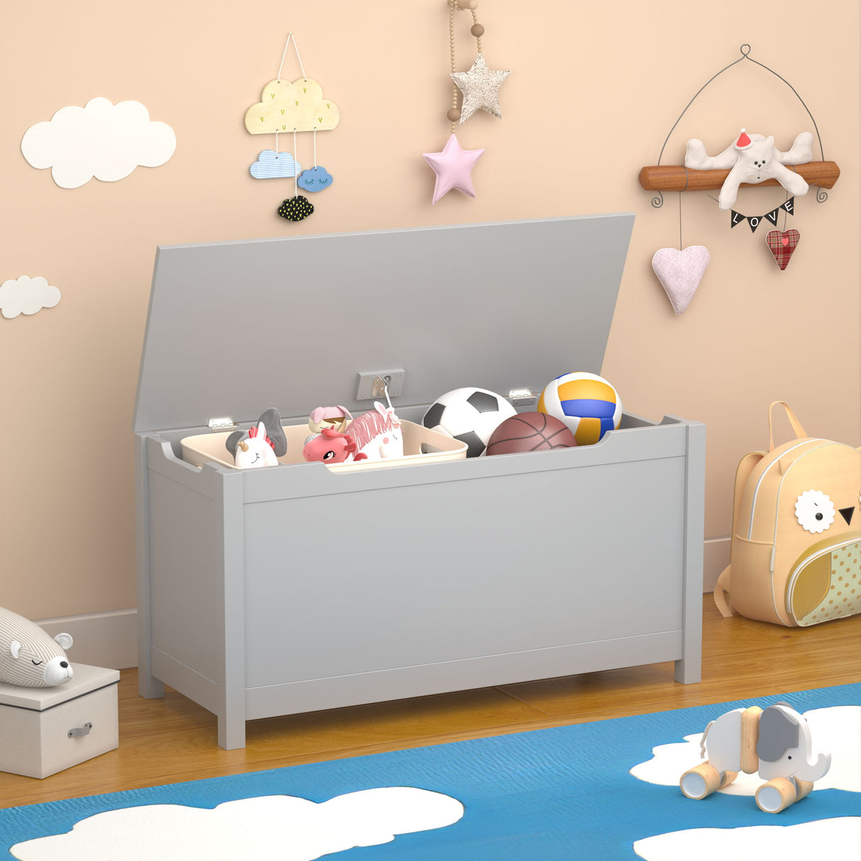 Toy Box Storage With Safety Hinged Lid